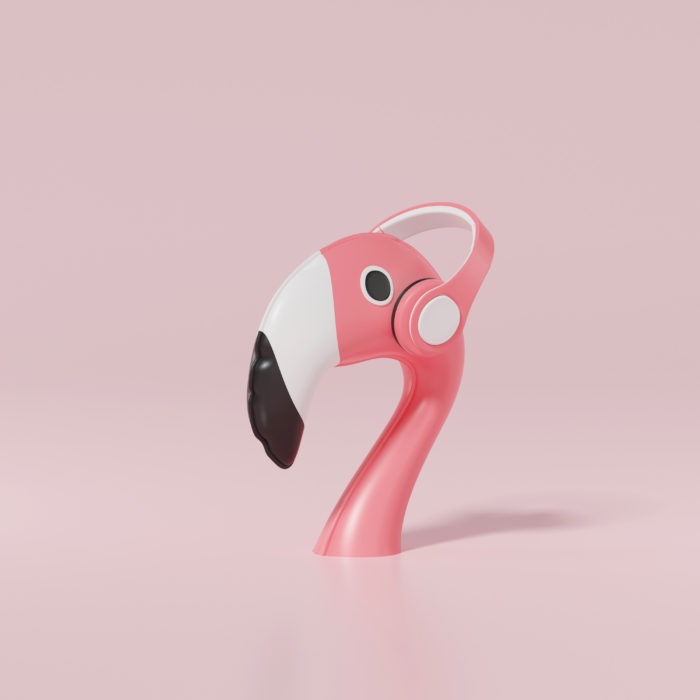 flamingo with headphones