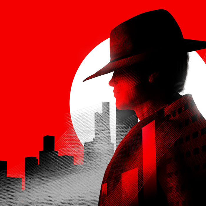 3D render profile portrait illustration of detective man in hat on red colored cityscape